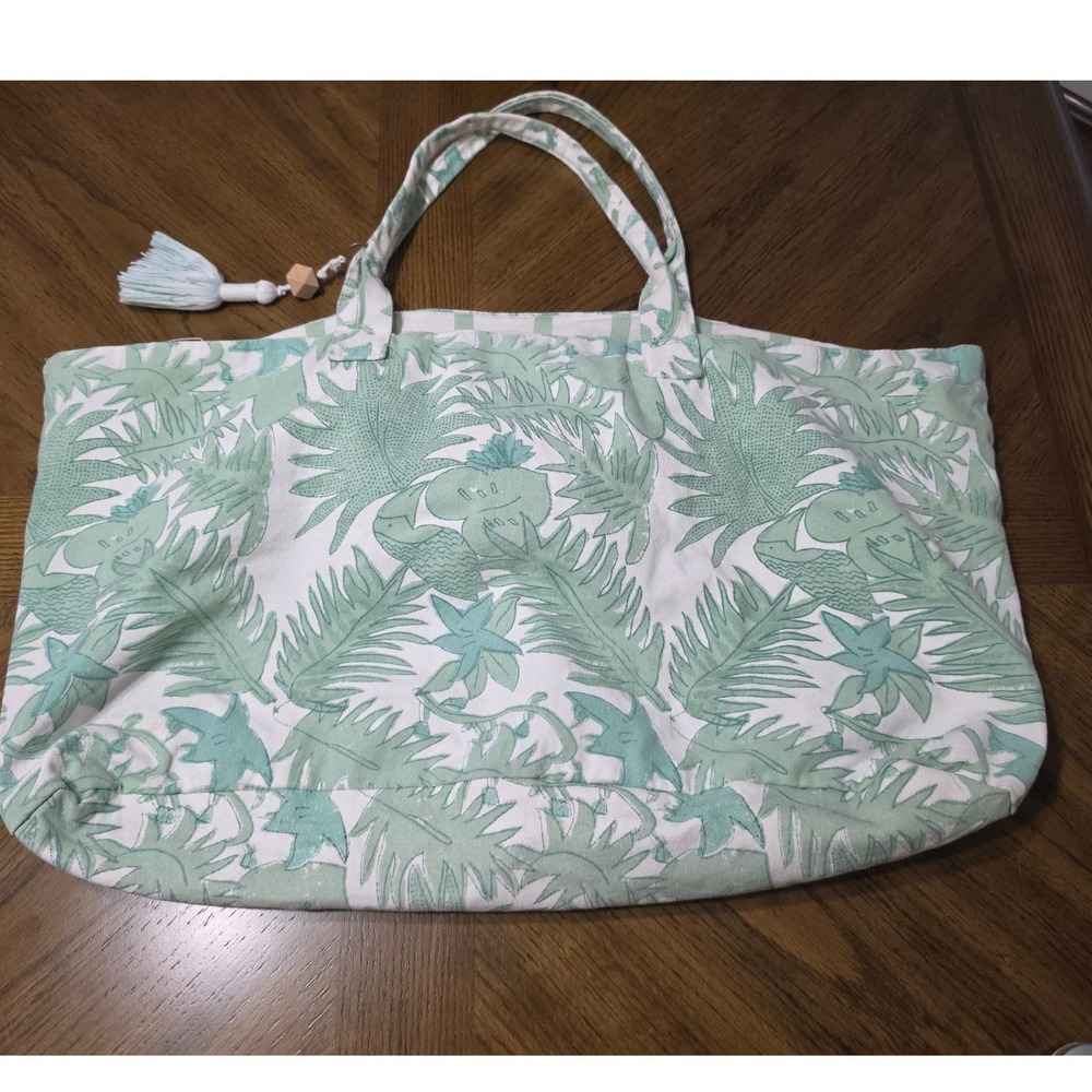 Seabird Society Mint Green Tropical Palm Leaf Canvas Tote Bag Oversized Beach